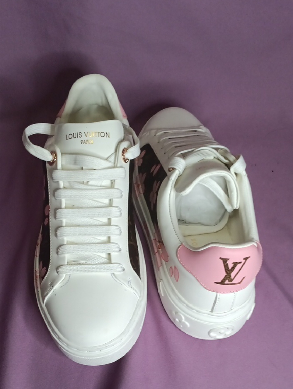 Louis Vuitton White Sneakers with Pink Blossom Accents